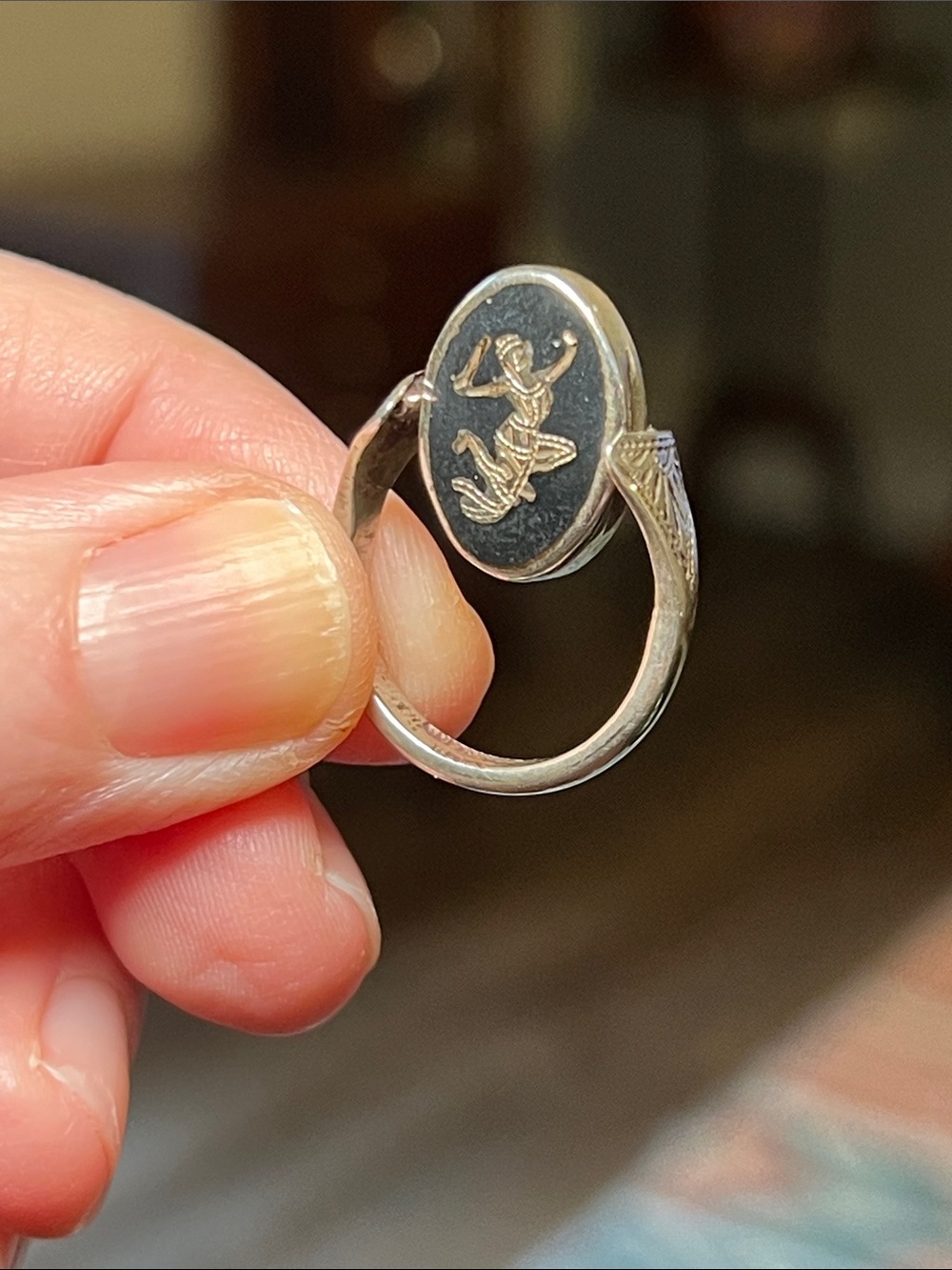 Vintage Siam Dancer Black White Enamel Sterling Silver Flip Double Sided Ring